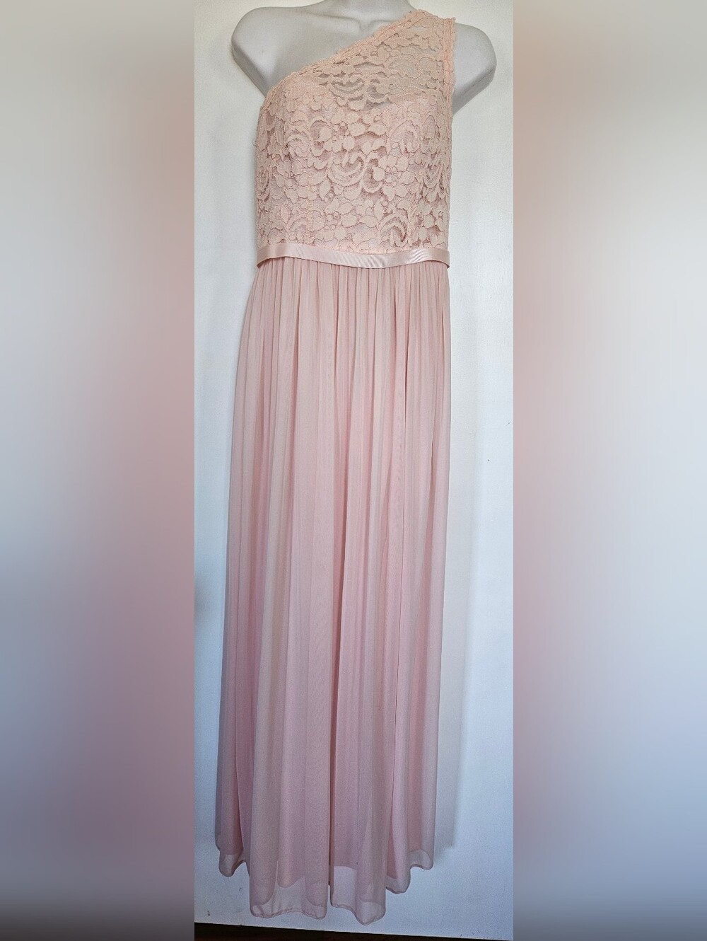 David's Bridal One-Shoulder Lace Bodice Maxi Dress - Blush
